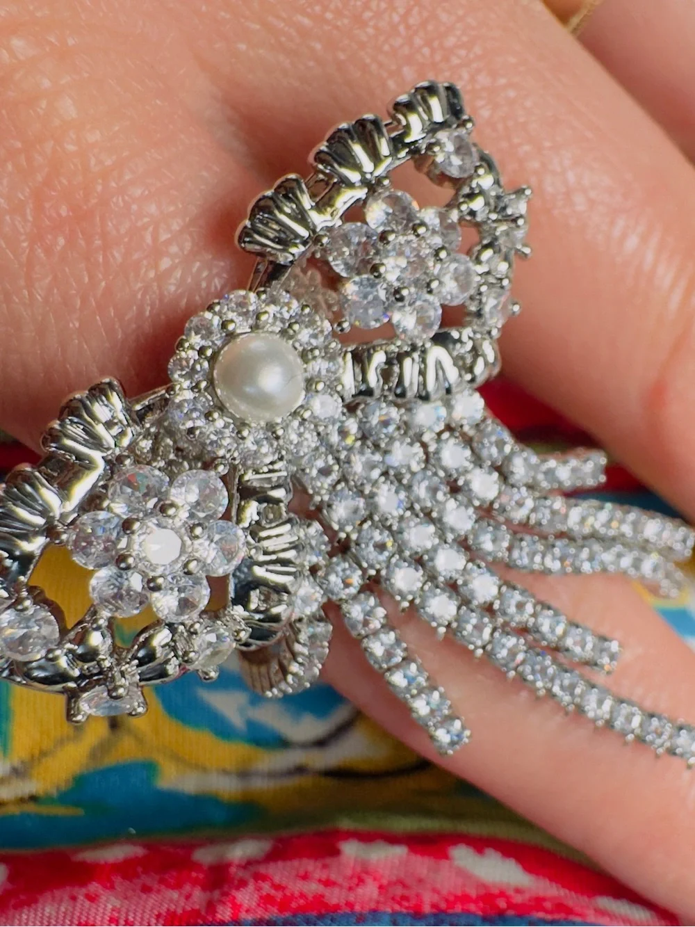 Silver-Tone Crystal & Pearl Fringe Ring - Sparkling White